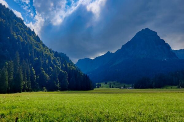 Foto vom Brünnelistock mit dem Grappliwald links im Bild und der Oberseealp, vom Obersee aus gesehen.