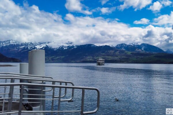 Thuner See mit ankommendem Schiff und Bergen im Hintergrund