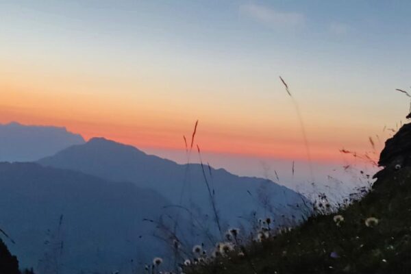 Abendrot über den Bergen und Grashalme im Vordergrund